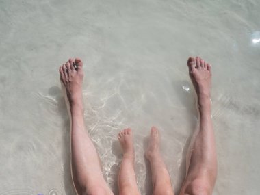 Deniz kıyısındaki bir çocuğun ve annesinin ayaklarının yakın çekimi.