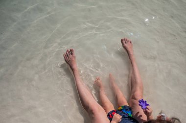 Deniz kıyısındaki bir çocuğun ve annesinin bacaklarının en üst görüntüsü.