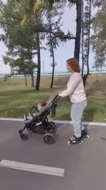 Beyaz kadın, yürümekte olan oğluyla bebek arabasında paten kayıyor. Dikey video