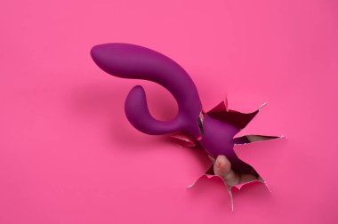 Pembe kağıttan yapılmış ahududulu seks oyuncağıyla takılan bir kadın eli.