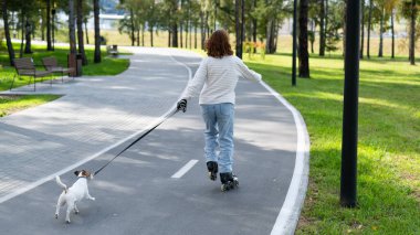 Beyaz kadın, Jack Russell Terrier köpeğiyle parkta paten kayıyor.