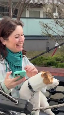 Beyaz kadın Jack Russell Terrier 'ını gezdirirken akıllı telefon kullanıyor.