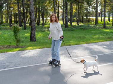 Beyaz kadın, Jack Russell Terrier köpeğiyle parkta paten kayıyor.