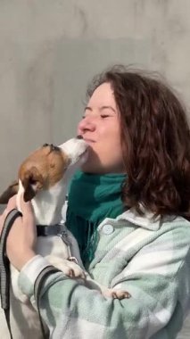 Beyaz kadın Jack Russell Terrier köpeğini gezerken okşuyor.