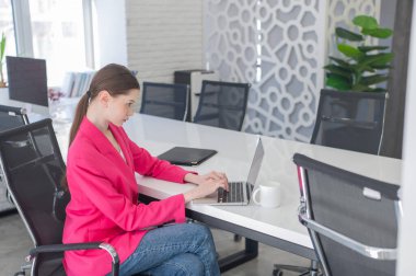 İş yerinde dizüstü bilgisayarda yazan beyaz kadın.