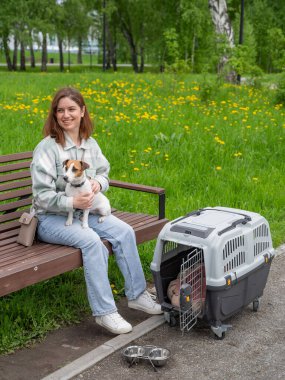 Sahibi Jack Russell Terrier ile birlikte güvenli bir yolculuk için bankta oturuyor.