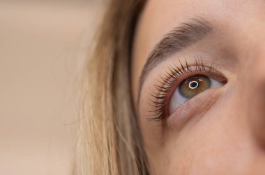 Kirpik kaplama prosedüründen sonra bir kadının gözlerine yakın çekim
