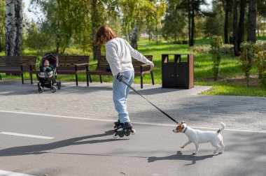 Beyaz kadın, Jack Russell Terrier köpeğiyle parkta paten kayıyor.