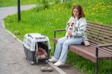 Sahibi Jack Russell Terrier ile birlikte güvenli bir yolculuk için bankta oturuyor.