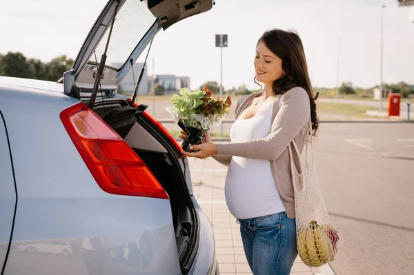 Pregnant Woman Enjoys Spring Day Concept Grocery Shopping Lunch Royalty Free Stock Images