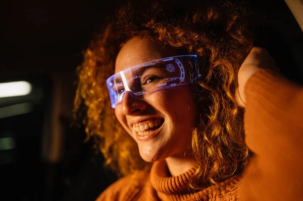 Smiling Woman Glowing Smart Glasses Street Close Royalty Free Stock Photos