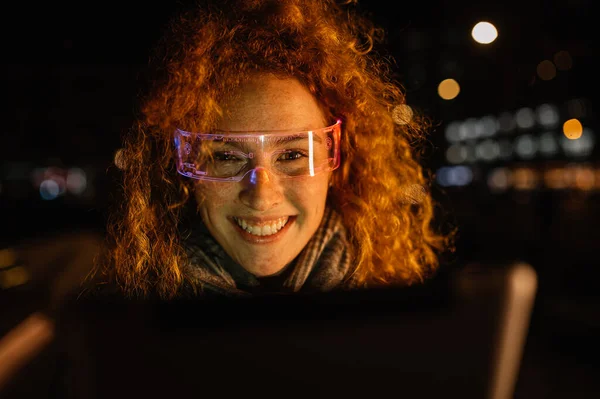 Smiling Woman Glowing Smart Glasses Street Close Stock Image