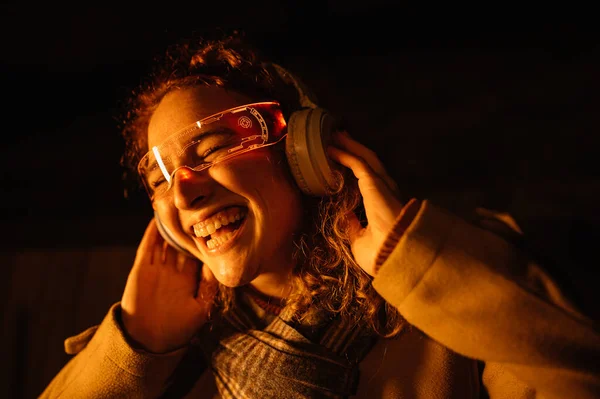Smiling Woman Glowing Smart Glasses Street Happy Woman Listening Music Stock Photo