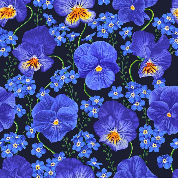 Płynny Wzór Wektora Niebieskie Kwiaty Ciemnym Tle Powtarzające Się Wzory — Wektor stockowy