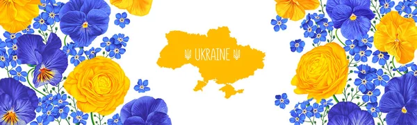 Ucrânia Bandeira Botânica Cor Azul Amarelo Flores Vetoriais Realistas Mapa —  Vetores de Stock