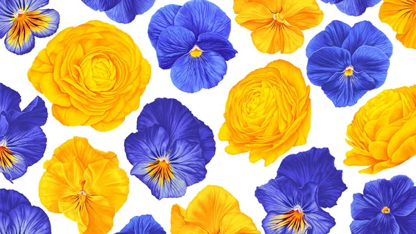 Квітковий Векторний Фон Жовтих Синіх Тонах Реалістичні Рослини Намальовані Вручну — стоковий вектор