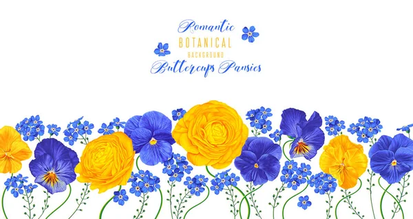Marco Horizontal Con Flores Amarillas Azules Buñuelos Maricones Sobre Fondo — Vector de stock