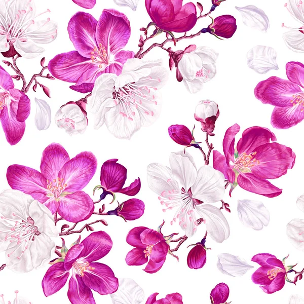 Seamless Vector Pattern Blossoming Apple Apricot Branches Spring Blooming Trees — 스톡 벡터