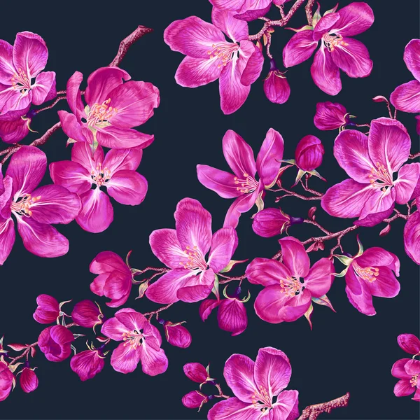 Seamless Vector Botanical Pattern Flowering Tree Branches Pink Apple Tree — 스톡 벡터