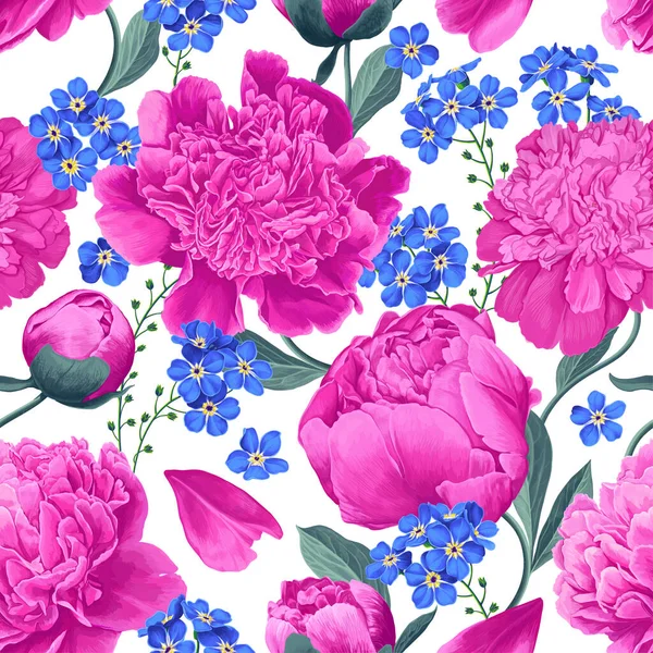 Seamless Botanical Spring Vector Pattern Pink Blue Realistic Peony Forget — Stok Vektör