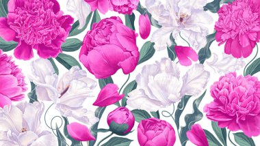 Realistic vector tulips and pink peonies desktop wallpaper for computers, laptops, tablets. Highly detailed pink and white spring flowers with leaves, petals for your design, posters and social media 