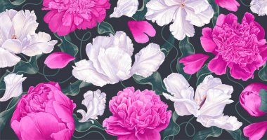 Spring background realistic white and pink tulips and peonies. Detailed vector hand-drawn inflorescences, petals and leaves for wallpapers, banners, social networks, personal blogs, clothing prints