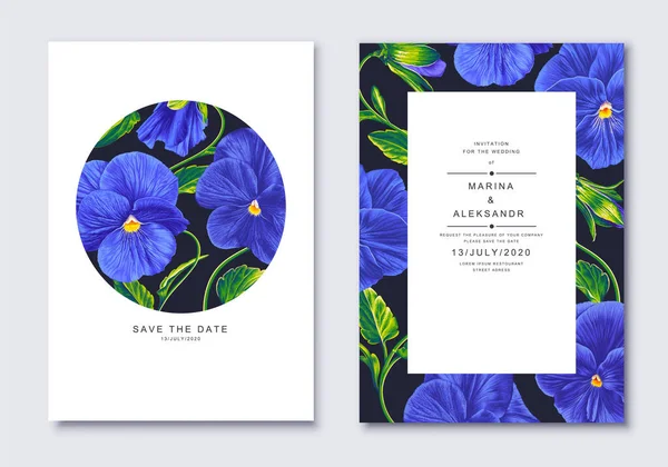 Blue Pansies Realistic Floral Design Green Leaves Vector Spring Minimalist —  Vetores de Stock