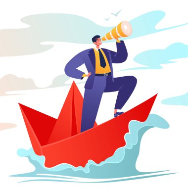 Liderlik, hedef başarısı, vizyon veya yeni fikirler ve finansal akışlar bulmak için ileriye dönük strateji, teleskopla başarılı iş adamı lideri, kağıt gemi üzerinde. 