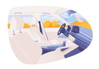 Arabanın içi aydınlık, içinde otomobiller var. İçi boş araba, modern tasarım. İç mekan elementleri, yolcu koltukları, direksiyon. Seyahat etmek ve bir arabaya binmek. Kulübe, şoför manzaralı.