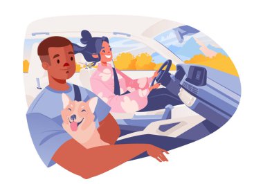 Karakterler, gülümseyen bir çift ya da arabalarıyla otobanda ve kır yollarında seyahat eden arkadaşlar. Köpekle yolculuk. Pencerenin dışı dağlarla dolu güzel bir sonbahar manzarası..  