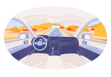 Araba ön camı ve sonbahar manzaralı pencere manzarası. Arabanın içi aydınlık, içinde arabalar var. İçi boş araba, modern tasarım. Seyahat et ve bir otomobile bin. Kabin, şoför manzaralı araba..