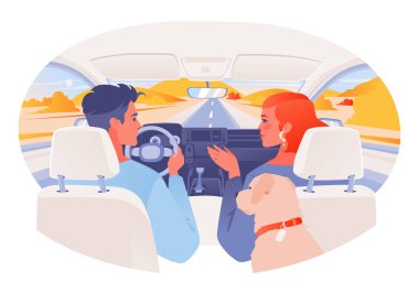 Seyahat temalı vektör illüstrasyonunda karakterler, gülümseyen bir çift ve arkadaşlar otoyolda arabayla seyahat ediyorlar. Köpekle yolculuk. Pencerenin dışı resimli sonbahar manzarası dağlar ve tepelerle dolu.