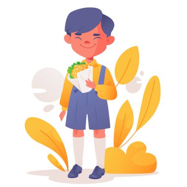 Bir ilkokul çocuğunun portresi. Sandviç yiyen sevimli çocuk, öğle yemeği. Gülümseyen küçük öğrenci. Childs 'ın beslenmesi. Düz vektör çizimi beyaz arkaplanda izole edildi