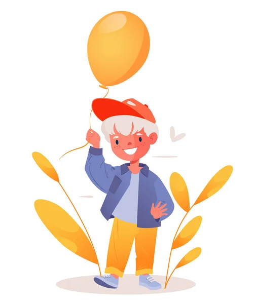 Happy Smiling Child Holds Balloon His Hands Concept Birthday Holiday — Stock Vector