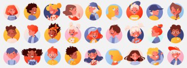 Bir dizi portre, çocuk avatarları. Modern tarz farklı karakterler, farklı milletler ve yaşlar. Gülümseyen oğlanlar ve kızlar. Düz çizgi film biçimi beyaz arkaplanda izole edildi. 