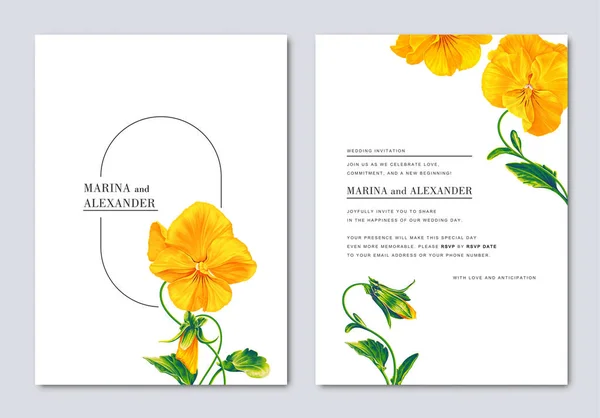 Yellow Pansies Floral Design Realistic Flowers Leaves Vector Summer Vintage — Stock Vector