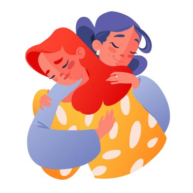 Sarılalım. İki kız, en iyi arkadaşlar, kız kardeşler ya da eşler birbirlerine sımsıkı sarılıyorlar. Karşılıklı destek kavramı, hayatın zor anlarında karşılıklı yardım ya da olumlu duyguları paylaşma arzusu..