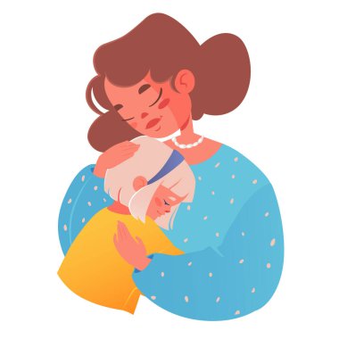 Anne kızına sarılıyor. Çocuğa iyi bak, zor anlarda destek ol ya da birlikte neşeyi paylaşmak istediğinde mutlu bir şekilde kucaklaş. Mutlu Çocukluklar, psikoloji, ebeveynlik ve ilişkiler teması