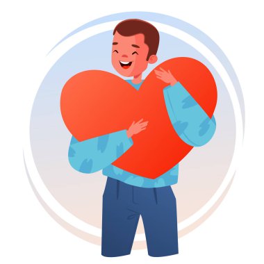 Kocaman bir kalbi olan mutlu, genç bir adam. Kendini sevme, kendine bakma ya da yardım etme, hayırseverlik, fedakarlık, gönüllülük, cömertlik ve sevgi kavramı. Vektör karikatür çizimi beyaz arkaplanda izole edildi