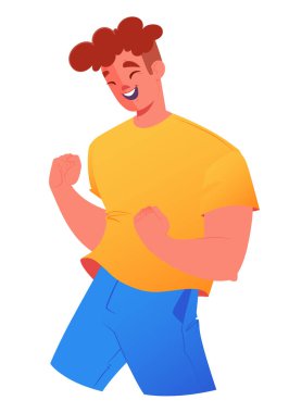 Mutlu genç adam onaylayıcı jestler, başarılı bir proje, zafer vücut dili, 