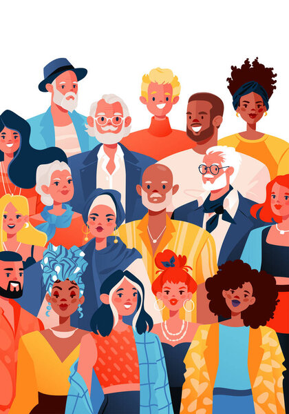 Diversification in today's society. Diversity of age, gender and race. Inclusive advertising, harmony harmony between people. Crowd of smiling people, each character is presented as unique individual.