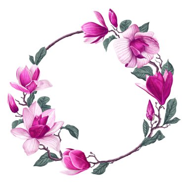 Çiçeksel bahar botanik çerçevesi yuvarlak, gerçekçi Pembe Magnolia çiçekleri ile. El yapımı dallar ürün tasarımınız için zarif bir çerçeve içinde düzenlenmiştir..