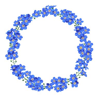 Çiçeksel botanik çerçeve gerçekçi mavi unutma-beni-notlardan oluşur. Ürün tasarımı, tekstil, kıyafet baskıları, kartpostallar, sosyal medya reklamları, kozmetik ambalajlar için ayrıntılı elle boyanmış bitkiler.