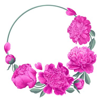 Pembe şakayıklardan oluşan bir bahar botanik düzenlemesi. Yuvarlak bir çiçek çerçevesi oluşturuyor. Metinleriniz, reklamlarınız ve ürün tasarımınız için kullanıma hazır bir klipsli sanat öğesi için bir yer.