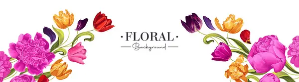 Vektorový Horizontální Prapor Světlém Pozadí Růžovými Pivoňky Pestrobarevnými Tulipánovými Květy Royalty Free Stock Ilustrace