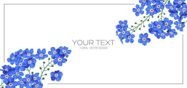 Spring banner with blue forget-me-not flowers. Realistic hand drawn detailed elements on white background, place for text. Banner for social networks, outdoor and online advertising. clipart