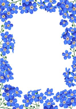 Dikey botanik çiçek çerçevesi. Mavi, narin, küçük, unutma beni notları için yer açılmış bir tasarım oluşturuyor. Tamamen elle çizilmiş gerçekçi bitkiler..