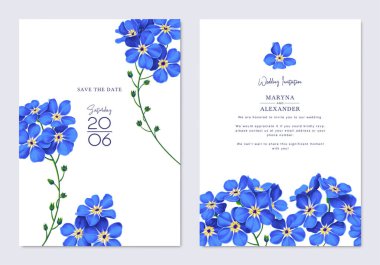 Spring, trendy, greeting or invitation card, template design with forget-me-not flowers in realistic style with high detail. Hand drawn, vector poster, card, cover, party, or social media template clipart