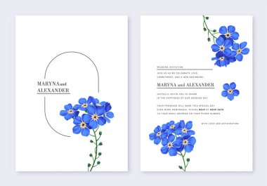 Gerçekçi, unutma beni çiçeği olmayan iki minimalist şablon. Bu detaylı mavi çiçekler tamamen el yapımıyla ilgili. Kartları sadece davetiye olarak değil, tasarımlarınız için de kullanabilirsiniz.