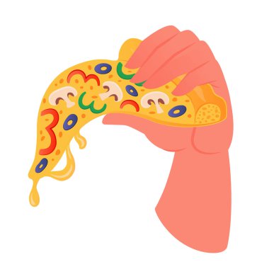 Elle çizilmiş büyük lezzetli bir dilim pizzanın vektör çizimi. Üçgen pizza çok peynirlidir, peynir zeytin, mantar ve biber damlatır. Fast food konsepti. Suçlu zevk.